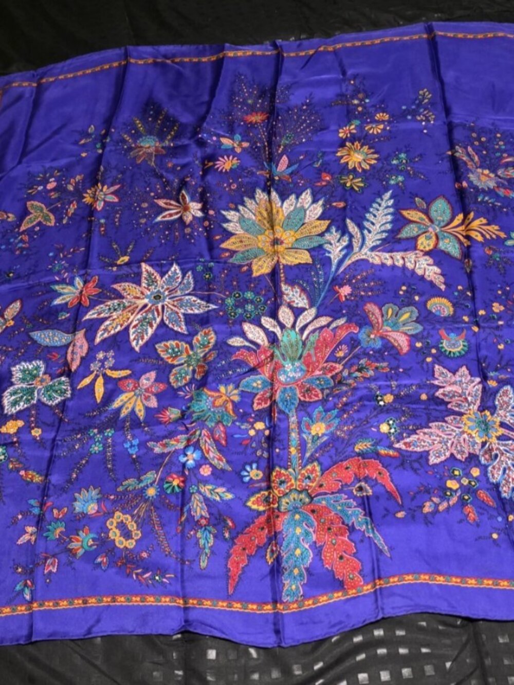 CarLyn 100% Silk Scarf Violet Boho Purple Floral 34 Inches Rolled Hem Korea